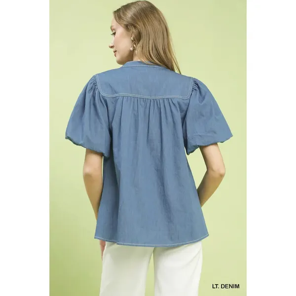 Umgee Denim Button Front Puff Sleeve Boho Blouse - Large - Image 3