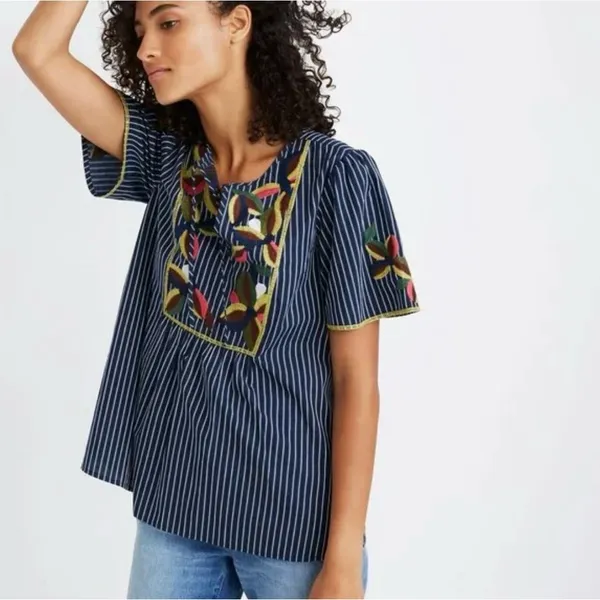 Madewell Floral Embroidered Fable Swingy Top in Twilight Tonal Stripes Size XS‎ - Image 2
