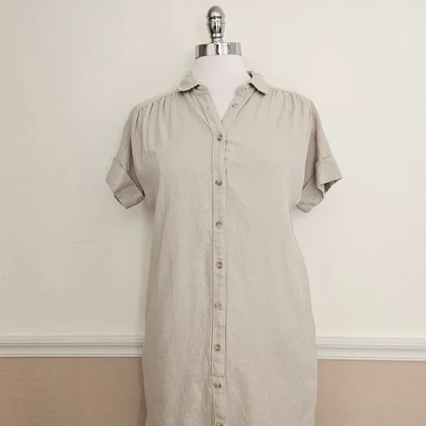 Well Worn Linen Blend Button Down Shirt Dress Short Sleeve Beige Pockets Small - Image 5
