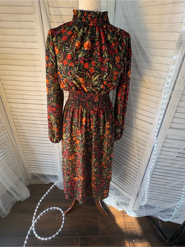 First Love Black Floral Smocked Midi Dress with Red & Orange Flowers - Image 2