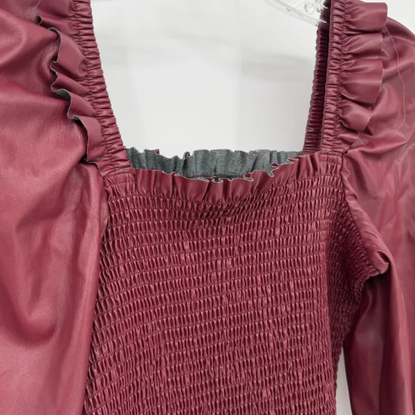 7 For All Mankind Mini Dress Womens M Oxblood Smocked Vegan Leather Coquette - Image 4