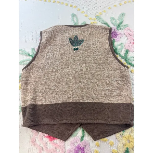 Christopher & Banks Hand Embroidered‎ Sweater Vest Brown Tan Leaf Button Front M - Image 7
