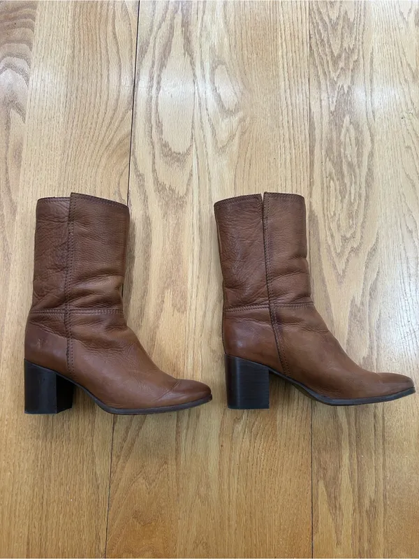 Frye Nora Mid Leather Pull On Boots Cognac Brown Block Heel Women's Size 10 B - Image 3