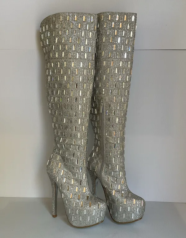 Shiekh Silver Rhinestone Over Knee High Heel Boots Women’s Size 6 Glam Party - Image 2