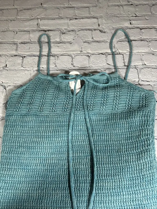 Olive + Oak Sz M Crochet Knit Mini Dress Marled Turquoise Tie Front Lined NWT - Image 14
