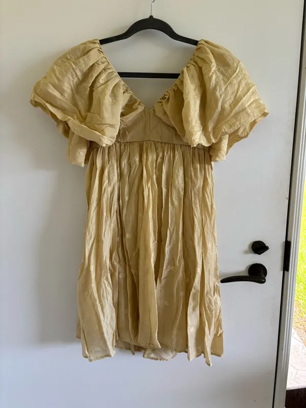 Anthropologie Moon River Butter Yellow polk a dot puff sleeve mini dress summer - Image 3