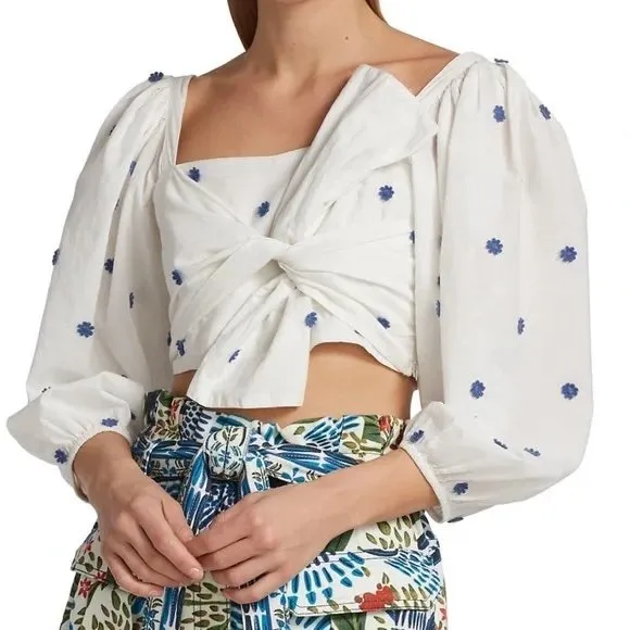 Farm Rio Blue Flowers‎ Crop Top Large White Floral Embroidered Tie Front Beachy - Image 8