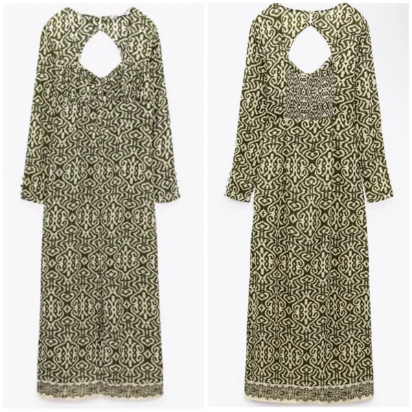 NWT‎ ZARA Printed Modal Midi Dress Green/Cream Small Boho Tribal Resortwear - Image 3