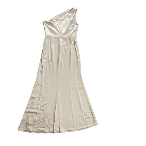 NWT LOVELY Shirred One-Shoulder Satin Trumpet Dress‎ sz 10 Cameo - Image 8