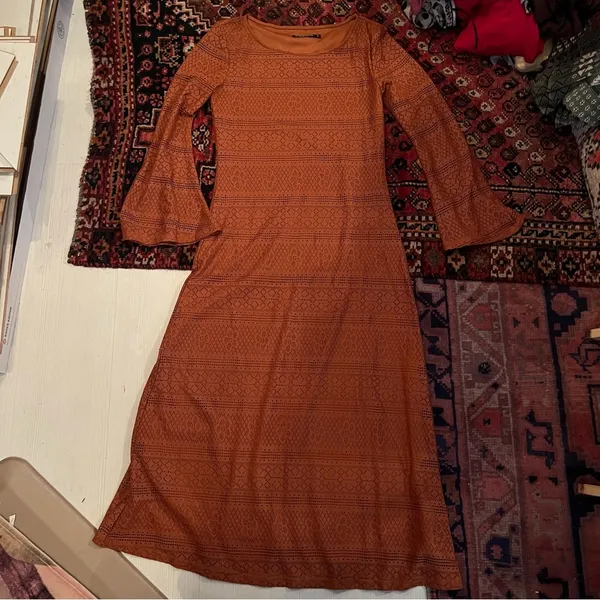 SheIn Rust brown lace overlay long sleeve midi dress - Image 2