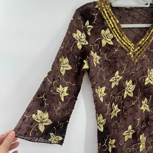 Y2K Boho Sheer Sequin Top Sz M Stevie Nicks Festival Embroidered Brown Indie - Image 6