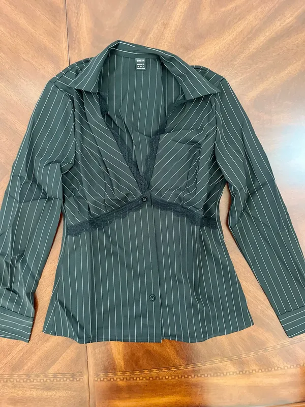 SHEIN Black Pinstripe Lace Trim Button-Up Blouse – Size Small - Image 3