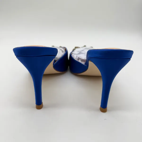 Coutgo Womens Royal Blue Satin Rhinestone Buckle Pointed Toe Mules Stiletto Sz 8 - Image 6