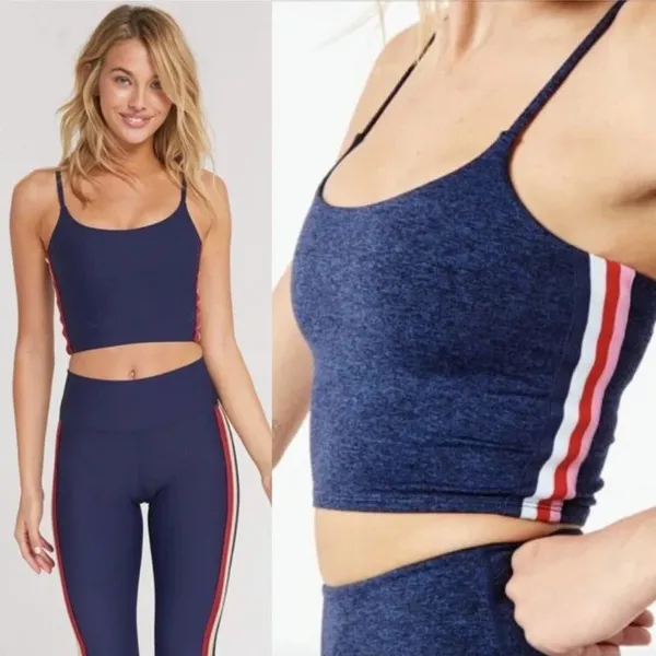 Spiritual Gangster Practice Cami‎ Navy Blue Side Stripe Crop Top Size Small - Image 2
