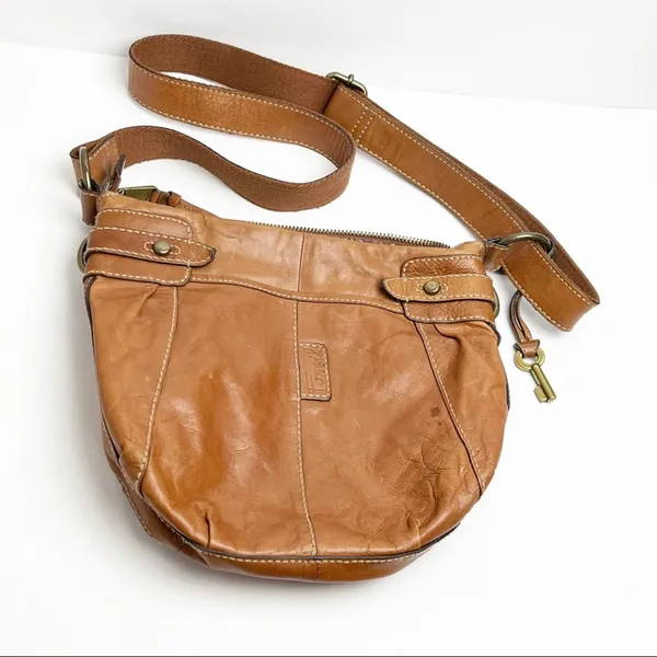 FOSSIL Brown Leather Stitched Adjustable Strap  Paisley Lined Shoulder Bag Boho - Image 14