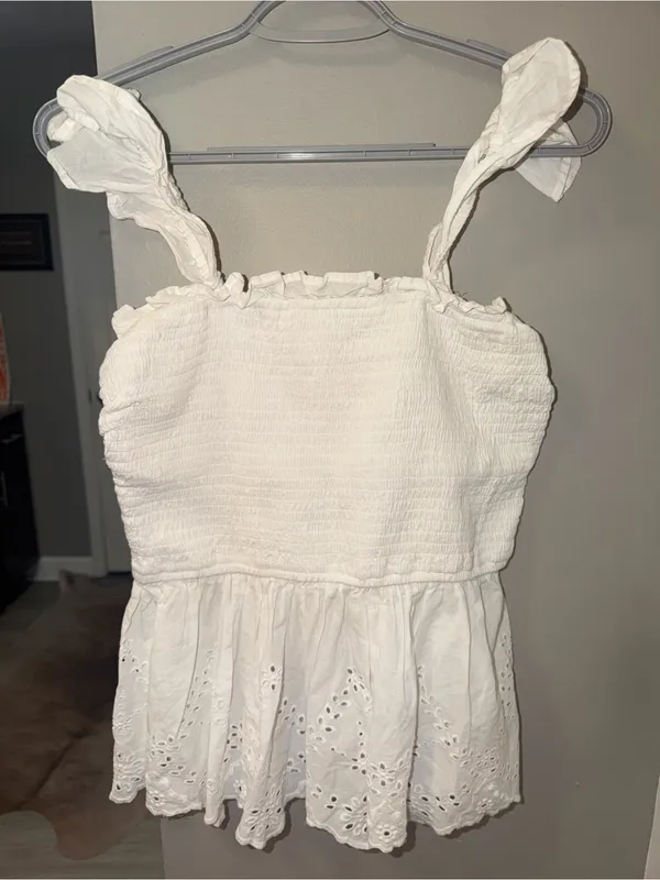 Japna Boho White Eyelet Smocked Ruffle Strap Peplum Top – Size L - Image 2