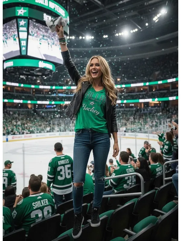 Hanes Womens Medium Dallas Stars NHL Hockey Green V-Neck Tee Short Sleeve - Image 2