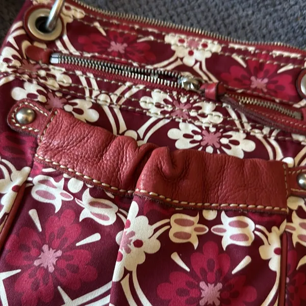 Fossil‎ Red Floral Canvas Leather Trim Crossbody Bag Small Messenger Purse - Image 14