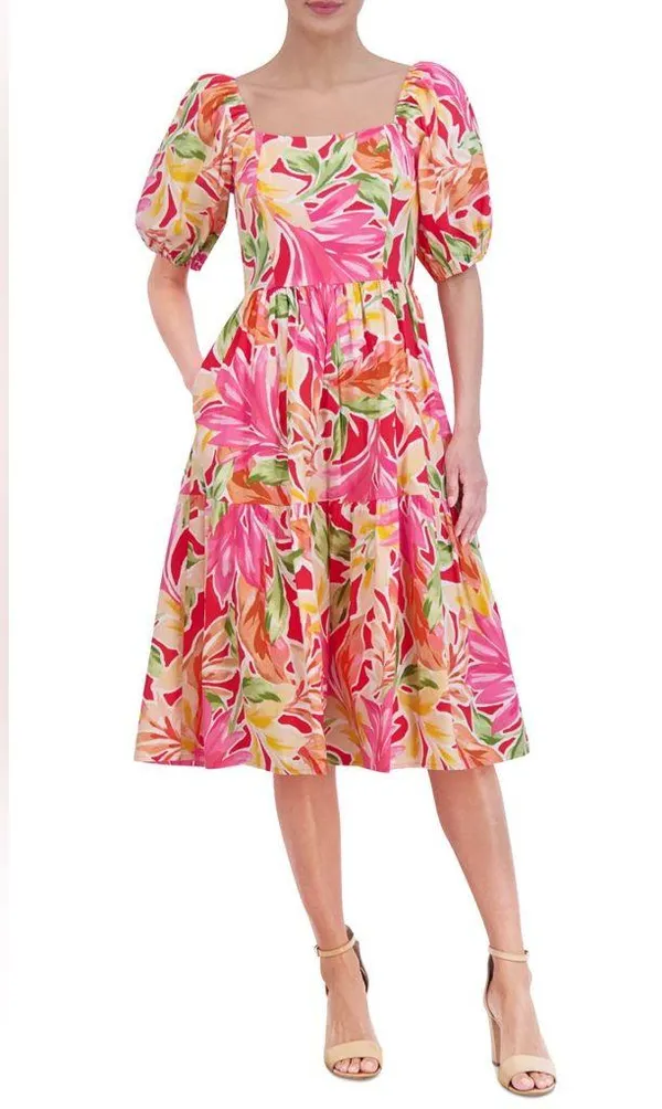 NWT Vince Camuto Size 22W Pink Multi Floral Print Puff Short Sleeve Midi Dress - Image 11