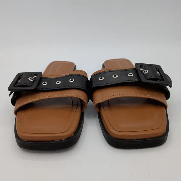 Anthropologie‎ Women Tan Black Leather Buckle Slide Sandals Square Toe Size 37 - Image 4