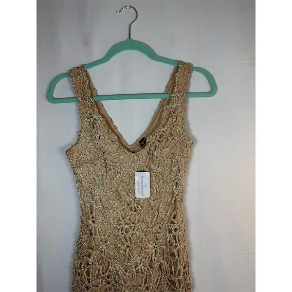 Windsor Dress Womens S Gold Gold Beaded Sequin Bodycon Mini V-Neck - Image 2