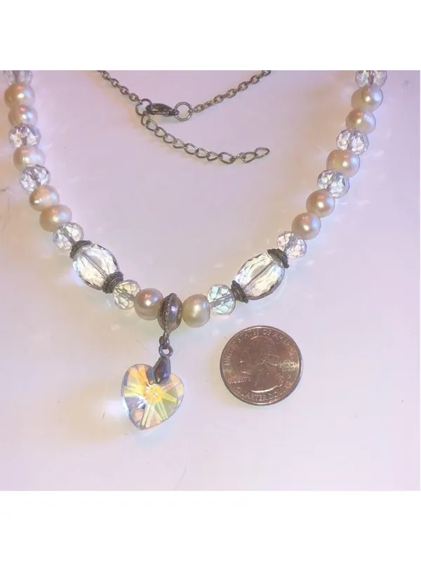 Silver Tone Genuine Pearls & Clear AB Beaded Boho Heart Pendant Necklace - Image 7