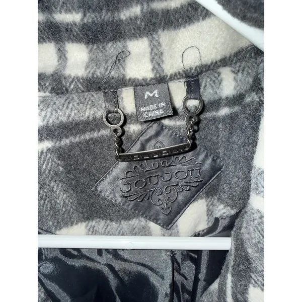 Joujou Womens Grey Plaid Double‎ Breasted Belted Peacoat Jacket Size M Y2K - Image 4