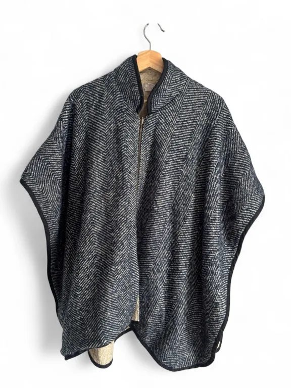 Free People Swept Away Navy & Cream Herringbone Zip Front Free Size Poncho O/S - Image 2