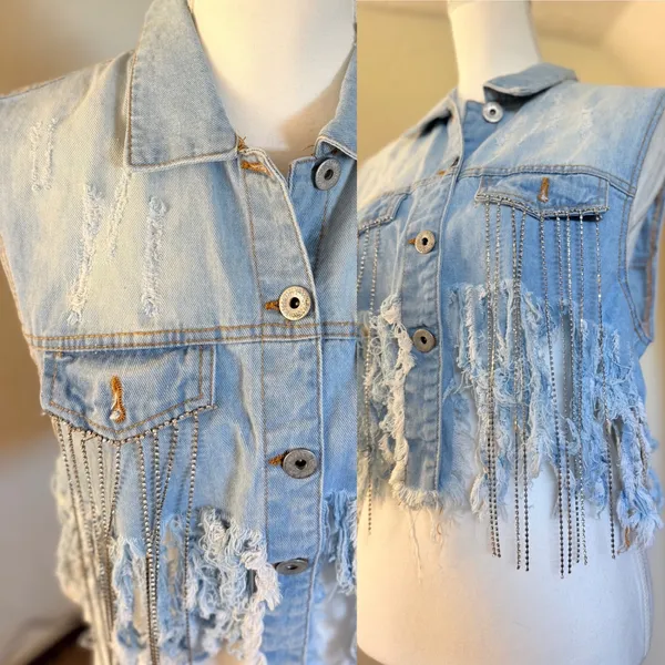 Spoon Jeans Denim Vest Women XL Blue Distressed Rhinestone Fringe Western Crop - Image 3