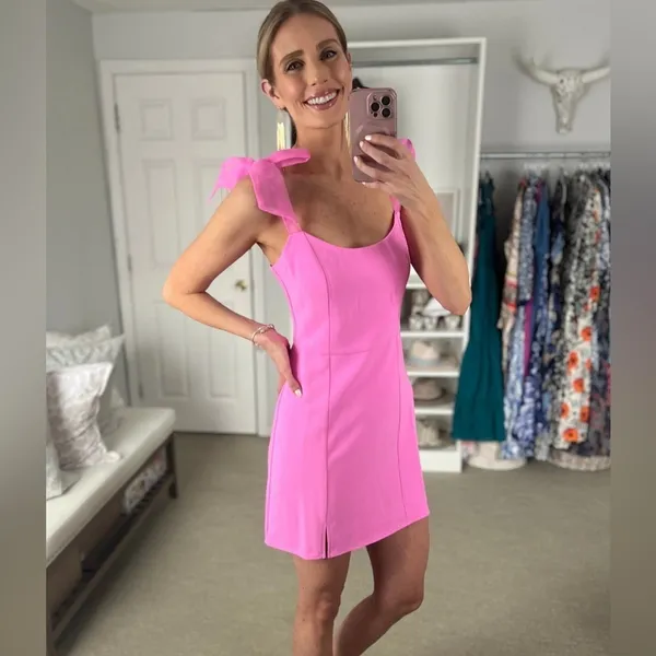 Amanda Uprichard Allora Dress shocking pink bows barbiecore mini vneck cocktail - Image 4