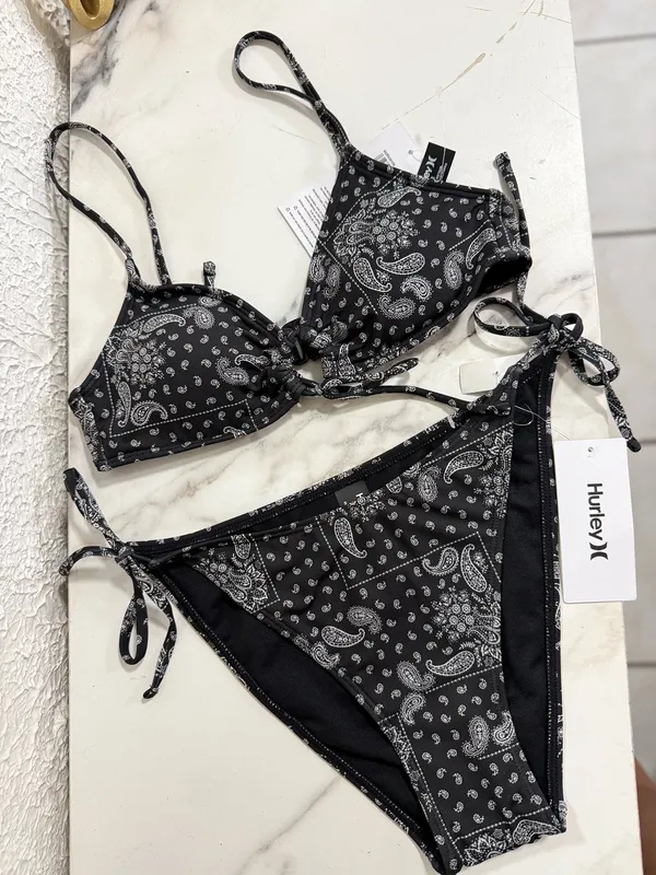 Hurley Paisley Black Bandana Paisley Two-Piece Bikini Swimsuit Top S Bottom L - Image 2
