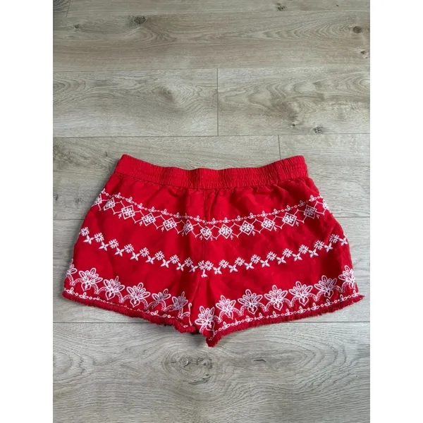 LOFT Red Embroidered shorts LINEN VISCOSE drawstring BOHO pockets Fray Edge sz S - Image 3