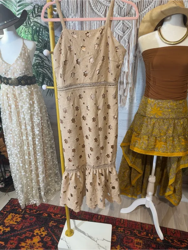 Just Me Beige Crochet Star-Pattern Midi Dress with Ruffle Hem - Image 2