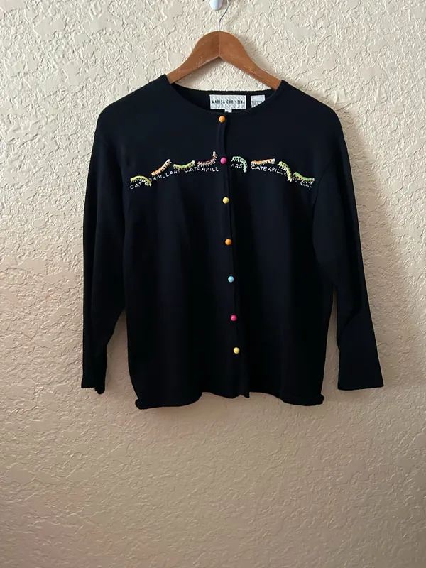 🩷VTG Marisa Christina Woman L Novalty 90s Sweater caterpillar Black Multi Color - Image 3