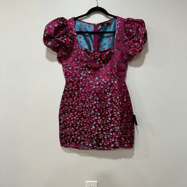 Lulus Always Decadent Magenta Floral Brocade Puff Sleeve Mini Dress Size Medium - Image 4