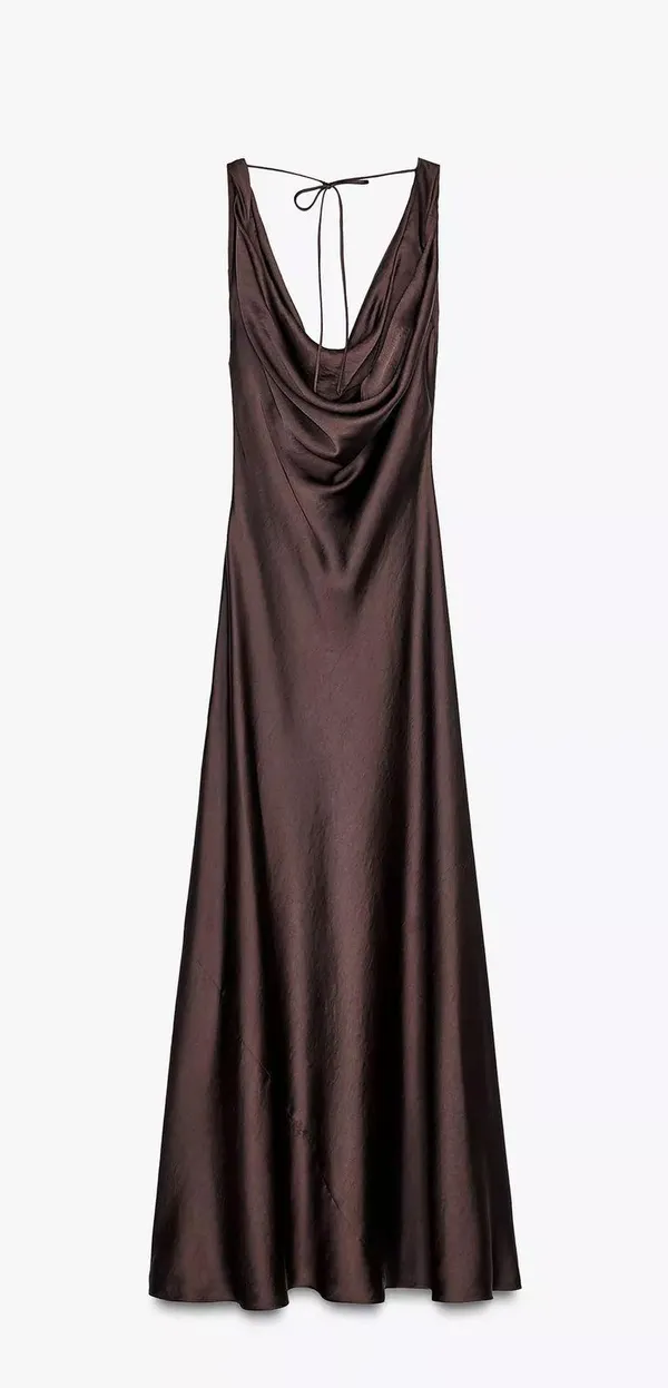 Zara Elegant Brown Sleeveless maxi stin effect Dress holiday party cocktail - Image 6