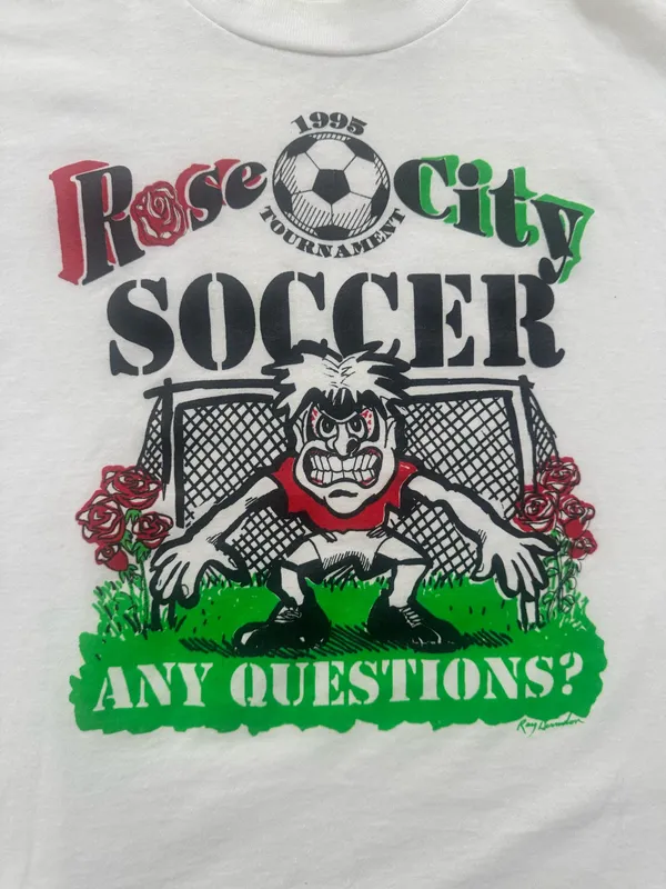 Vintage 1995 Rose City Soccer Tournament T Shirt 90s Goalie Graphic USA Large - Image 2