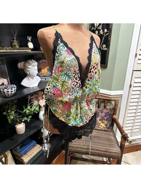 I.N.C. Floral Leopard Print Lingerie Romper with Black Lace Trim – Size Large - Image 3