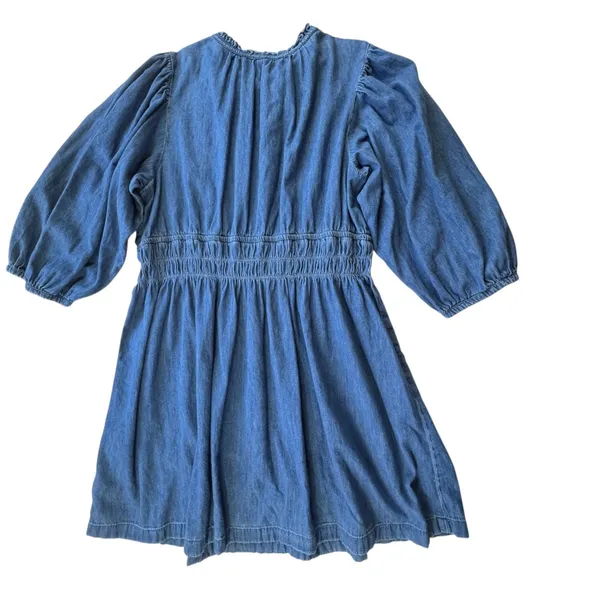 Gap Denim Dress Womens XXL Blue Cotton Ruffle Neck Tie Smocked Waist Long Sleeve - Image 10
