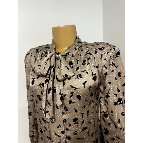 Knot Sisters Womens Taupe Black Floral Bow Tie Neck Viscose Blouse KSHO18T30 M - Image 2