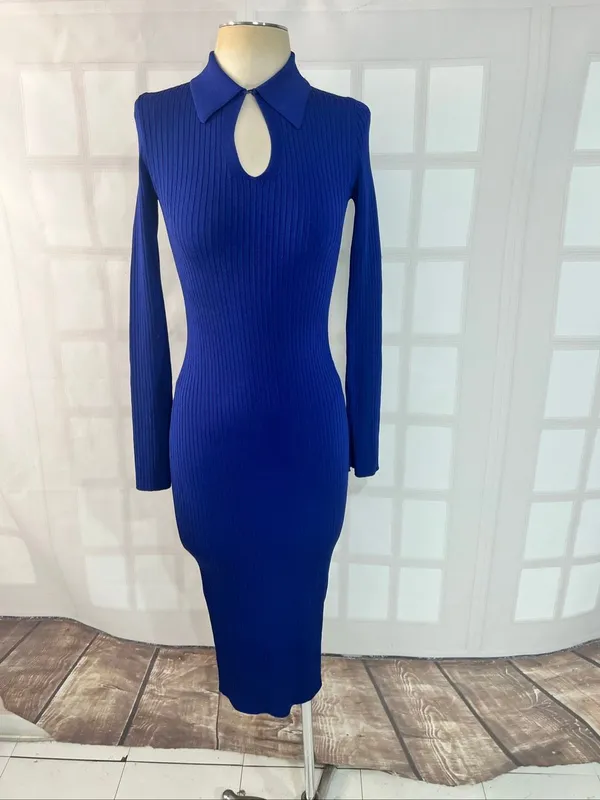 Reiss Blue Ronnie Collared Knitted Long Sleeve Ribbed Midi Bodycon Dress Size XS - Image 5