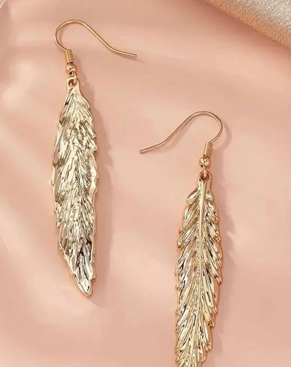 Gorgeous 14K Gold Plated Feather Shaped Dangle Earrings - Image 3