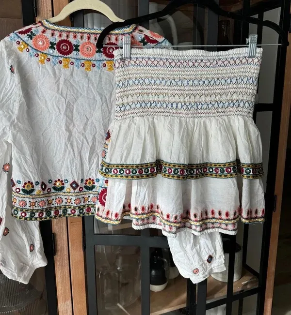 Zara Embroidered Set embellished beaded skirt top boho colorful long sleeve crop - Image 3