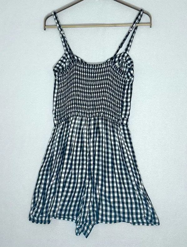 Hollister Women Mini Romper Gingham Checkered Black White Floral Lace Up size M - Image 6