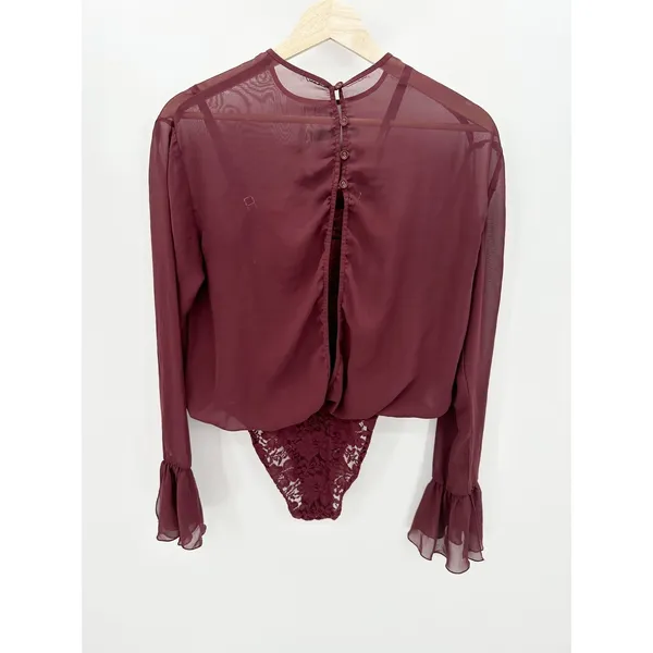 Hot As Hell Mama Jen Bodysuit Top Womens S Wine Sheer Lace Open Back Y2K - Image 3