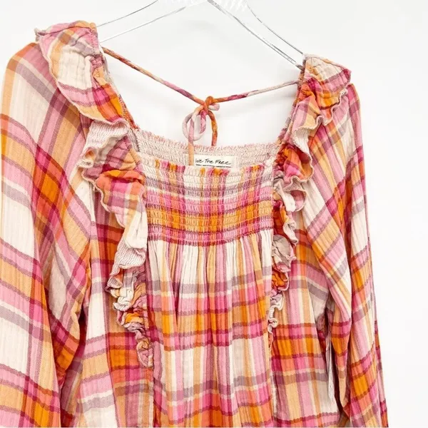 NWT Free People Sienna Plaid Ruffle Long Sleeve Blouse Women's S Prairie‎ Chic - Image 5