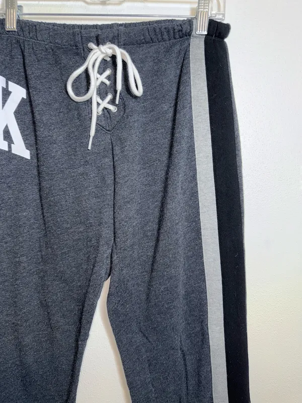 PINK Victoria’s Secret Lace-Up Jogger Sweatpants Dark Gray Logo Fleece - Image 3