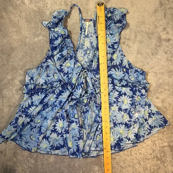 Free People Fearless Tank Blouse Blue Floral Ruffle Tie Front Sheer Peplum Med # - Image 10