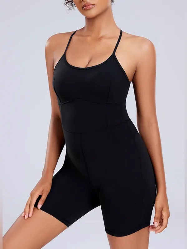 AGONVIN Women's Workout Spaghetti Strap Rompers Shorts Tummy Control One Piece - Image 3