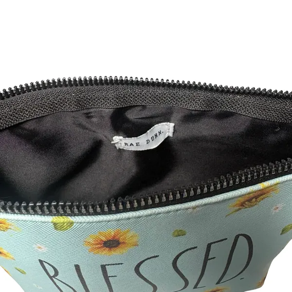 Rae Dunn Blessed Sunflower Cosmetic Makeup Bag Aqua Blue Floral Pouch - Image 6